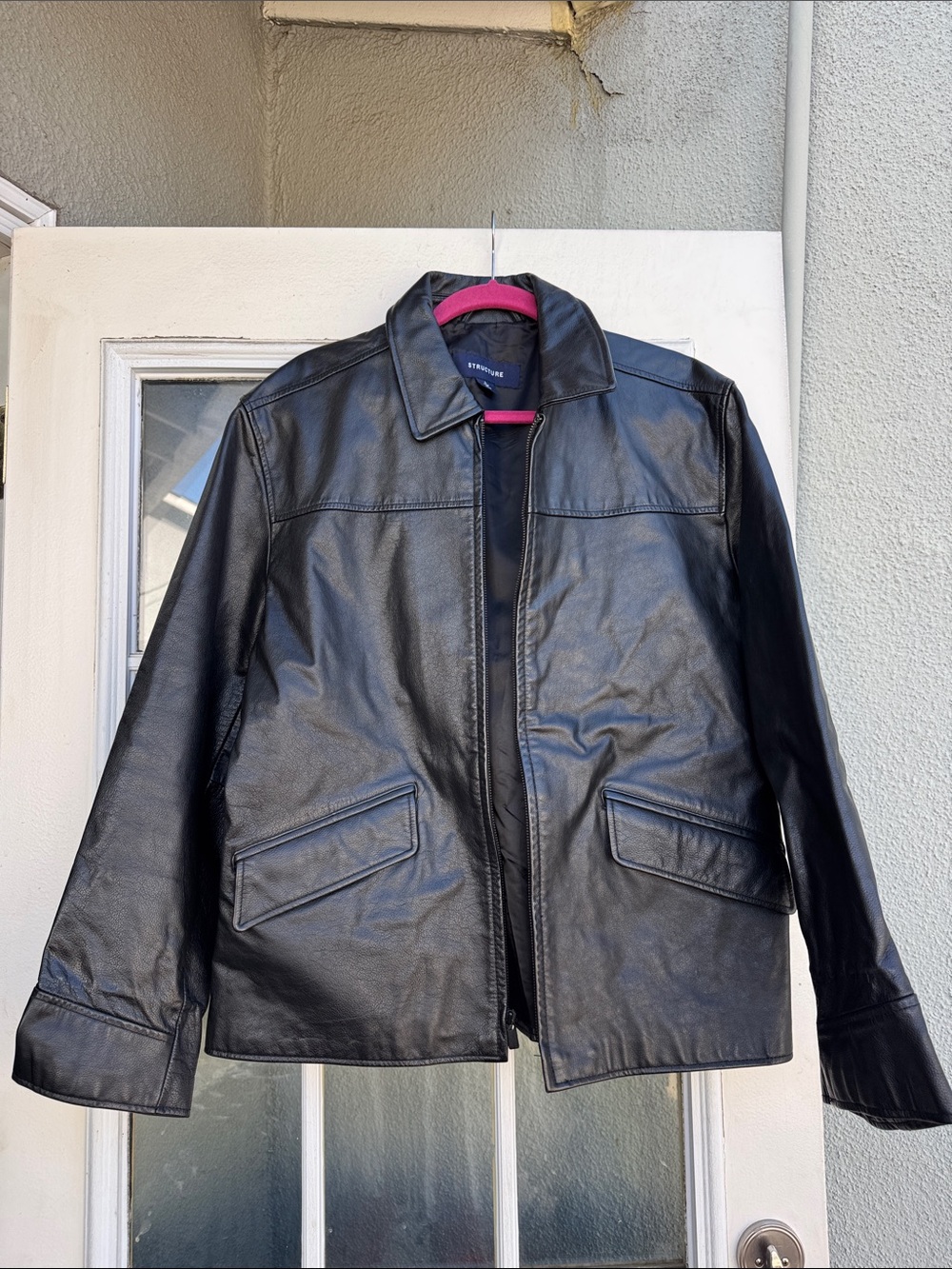 Structure Black Leather Bomber Jacket